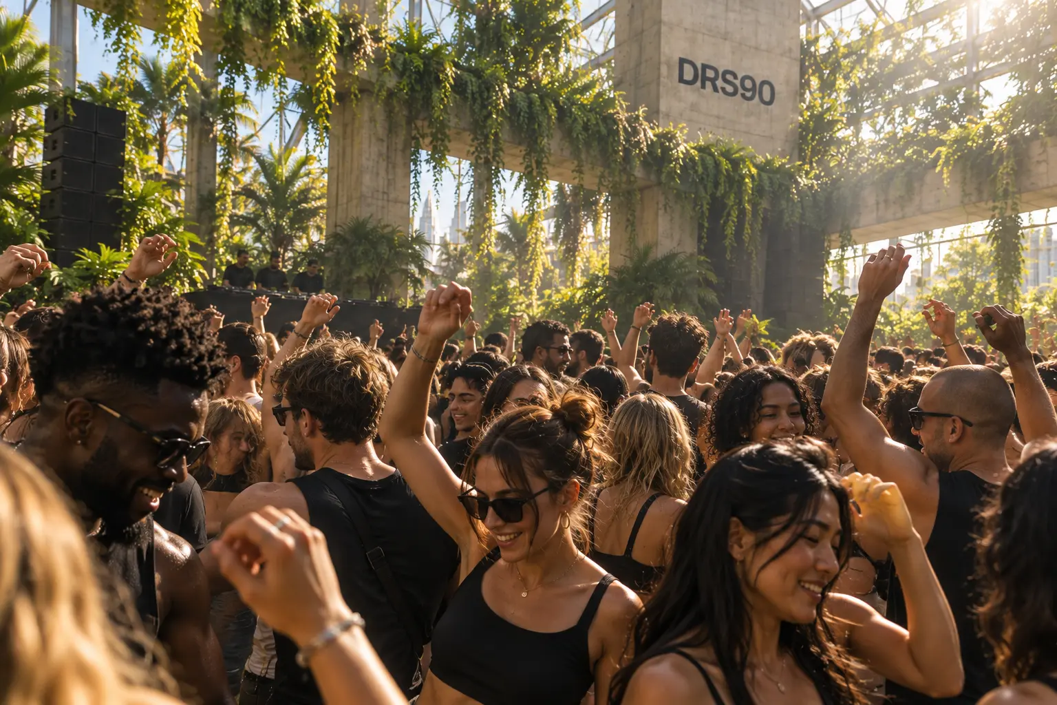 Dancers moving together with raised arms inside a plant-covered concrete DRS90 venue in daylight