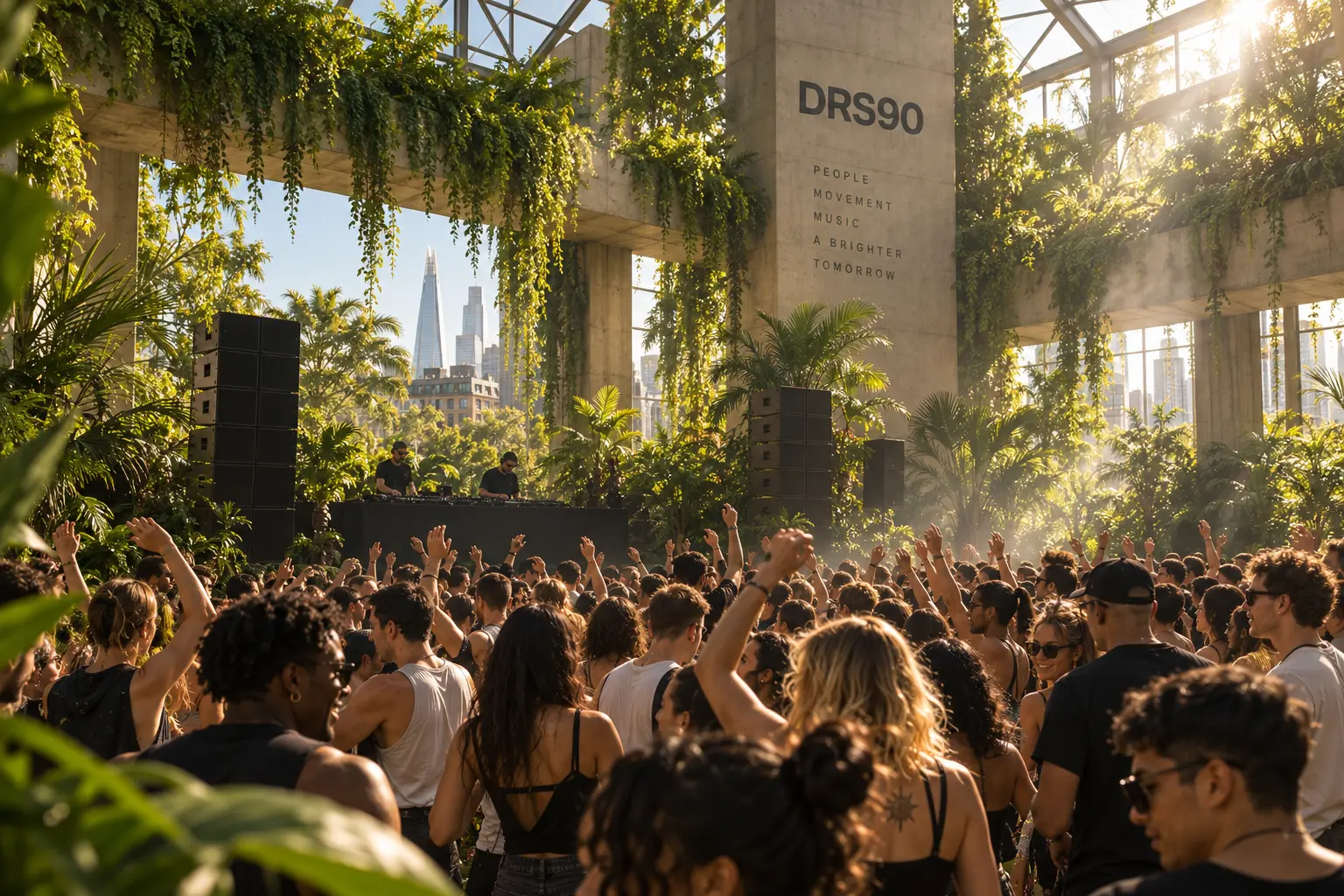 Crowd dancing with raised hands at a daylight D&B rave inside a concrete venue draped in vertical gardens, DRS90 signage and the London skyline behind the DJ booth